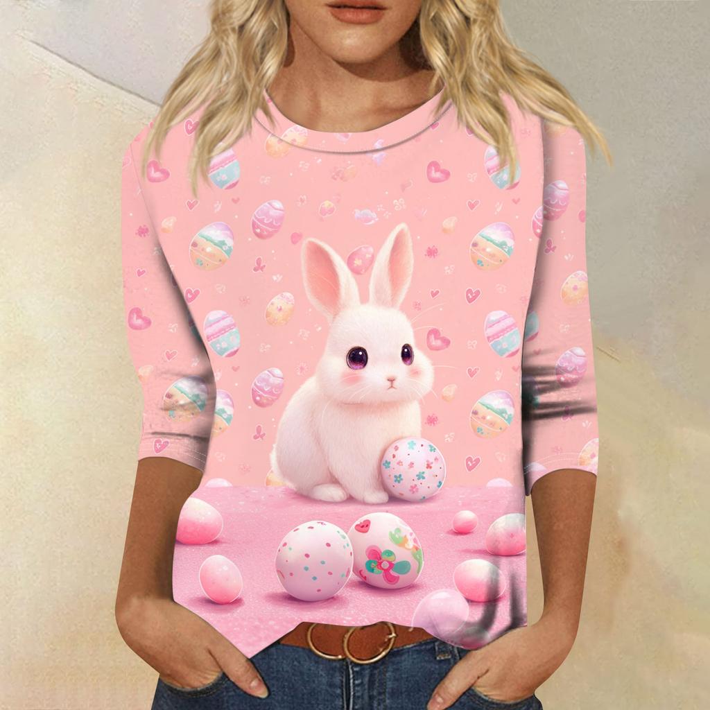 Women's Fashionable Casual Three-quarter Sleeve Easter Print Round Neck Pullover Top