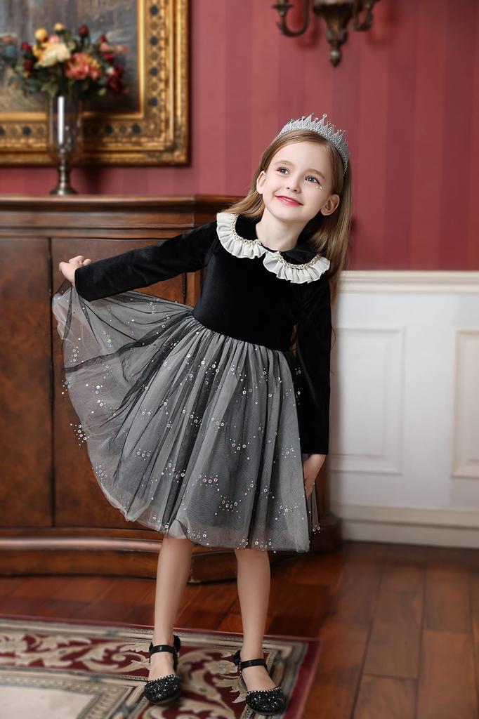 Weileenice Piano Recital Size Long Sleeve Black Princess Mourning Perfect for Memorial and More Dress, 140, Gray, Fall/Winter, Girls' Outfit, Dress,