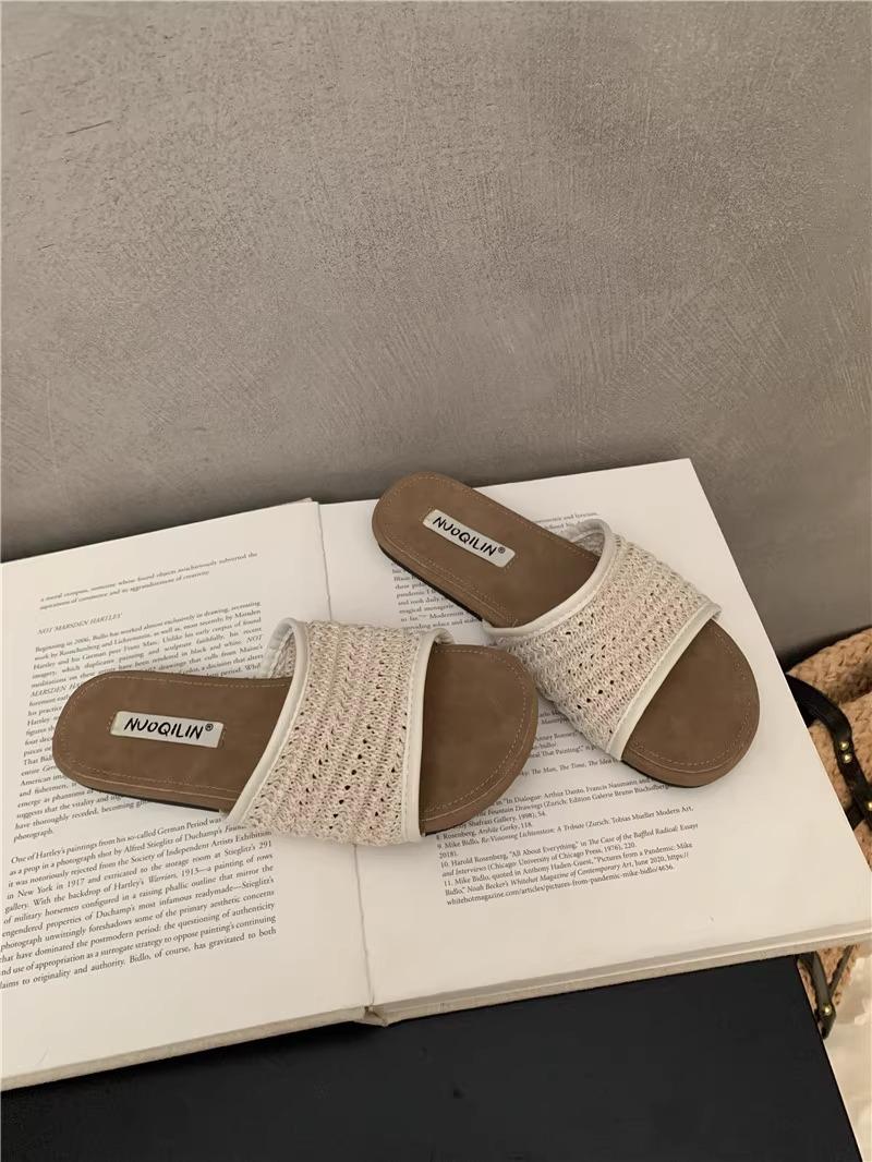 

Fashion Women Sandals 2025 Summer Vintage Weave One Word Flat Slippers Fashion Outdoor Lightweight Comfortable Soft Sole Casual Shoes 35 абрикосовый