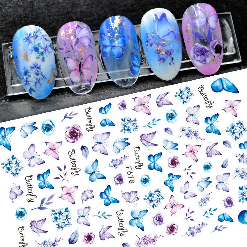 Holographische Schmetterling Nail Art Aufkleber - Blaue und Lila Schmetterlinge, Frühlingsthema Blumen, 3D Selbstklebende Nageldekoration