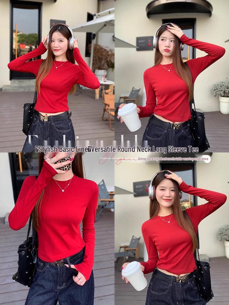 Women's Long Sleeve Slim Fit Red T-Shirt - Stylish Spring/Autumn Base Layer 2025