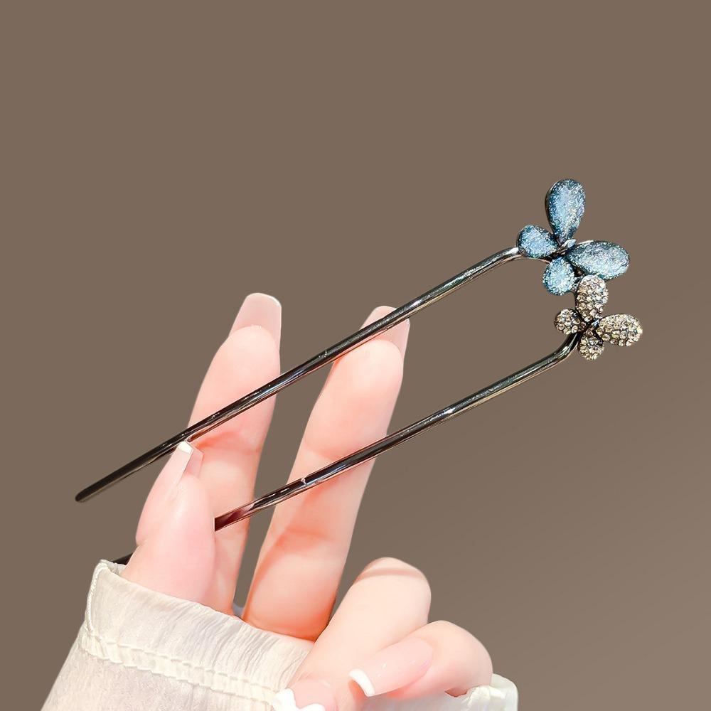 

1pc Luxury Crystal Double Flower Butterfly Hair Stick for Women Vintage Metal U-shaped Hairpin Hair Bun Hair Jewelry Accessories