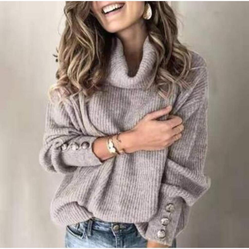Women's Turtleneck Ribbed Knit Sweater Long Sleeve Button Cuff Loose Casual Solid Color Pullover Top