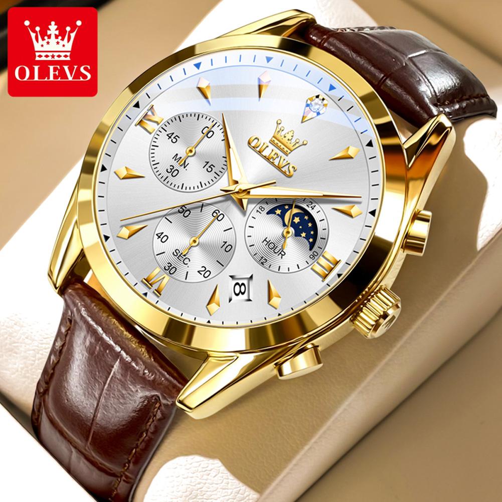 OLEVS Moon Phase Chronograph Man Watch Leather Strap Waterproof Luminous Luxury Brand Original Quartz Wrist Watches for Men 3609