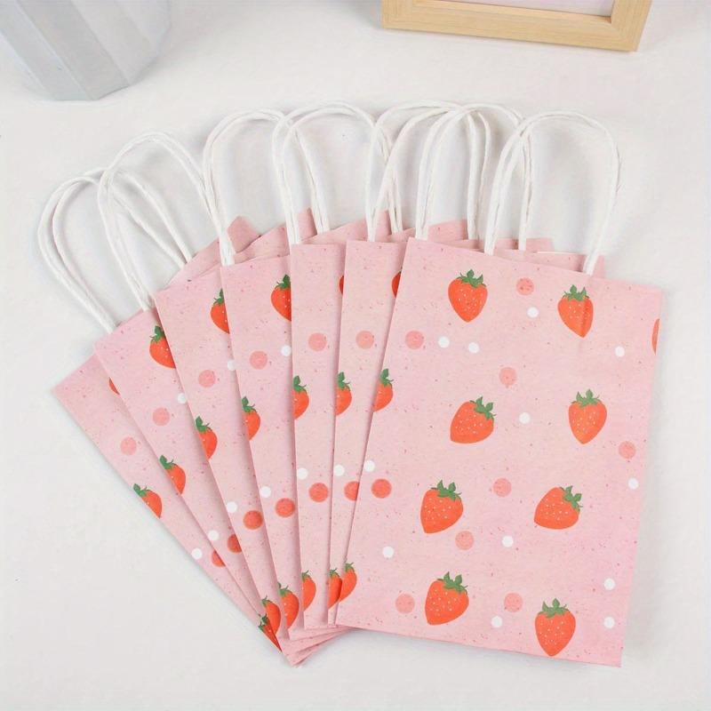 6pcs Pink Strawberry Pattern Tote Bag Girls Party Paper Gift Packaging Bag Strawberry Birthday Party Supplies Kids Favors Bag