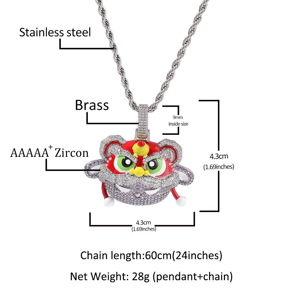 New Guochao Chinese Style Retro Lion Dance Pendant Necklace Personality Diamond Hip Hop Style Necklace