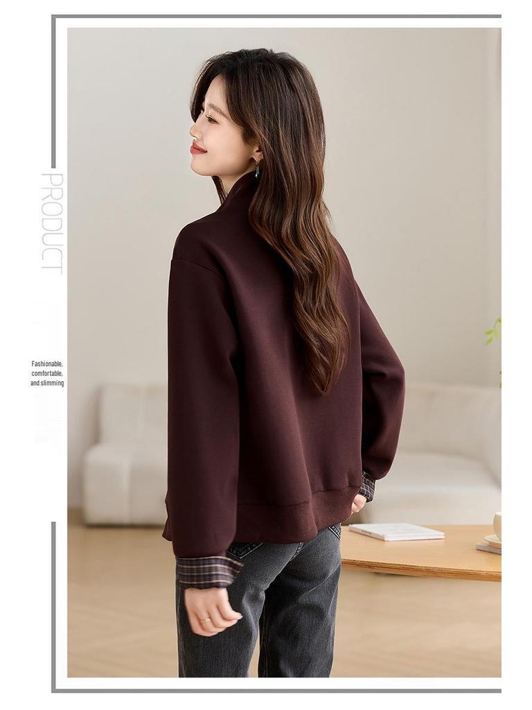 Damen 2025 Kariertes Patchwork Stehkragen Frühlingsjacke - Vielseitiges Lässiges Mode Sweatshirt Oberteil