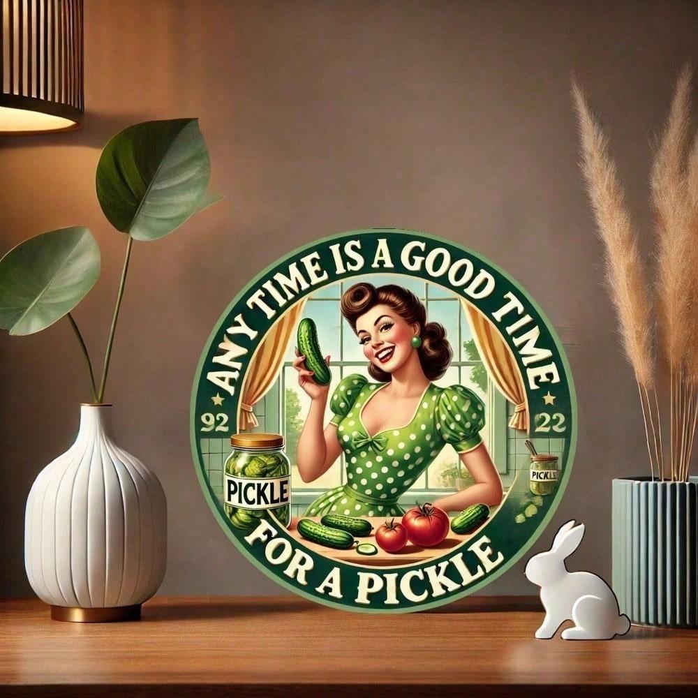 Vintage Round Tin Sign 8 Inch Retro Pickle Metal Wall Art Funny Decor for Kitchen Garage Man Cave