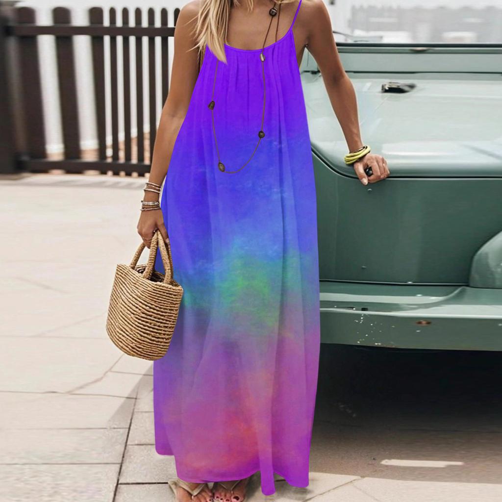 Dámské Módní Ležérní Volné Šaty s Květinovým Potiskem a Úzkými Ramínky Bez Zad