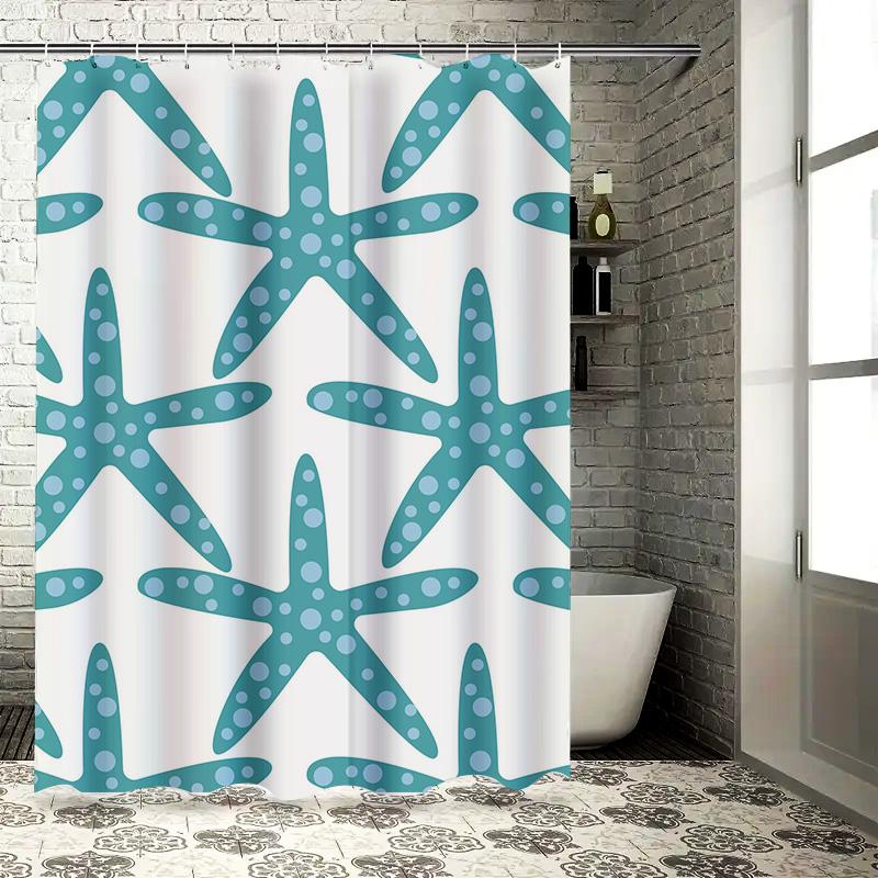 Sea Starfish Shower Curtain Waterproof Fabric Decorative Blue White Printed Bath Shower Tarpaulin Home Decor (180X245Cm)