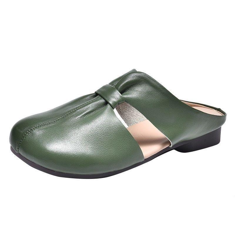 Spring and summer new retro low-heeled soft leather soft surface soft bottom square head hollow cool slippers