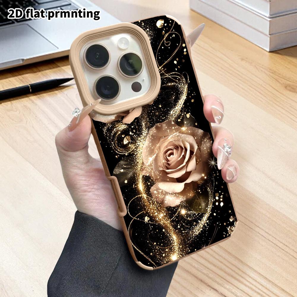 Phone Case: 2D flat lambskin suitable for iPhone 18 17 16 15 14 13Pro film protective case,champagne gold rose, Christmas and Halloween gift