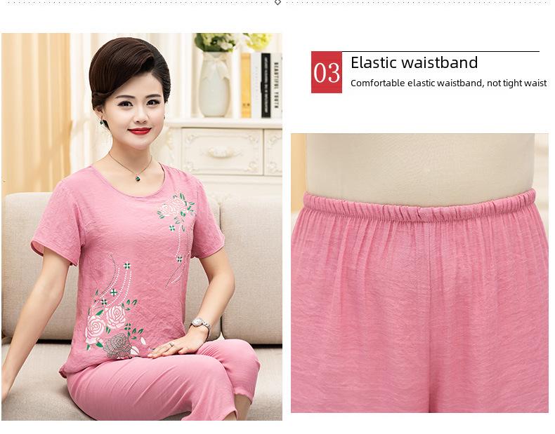 Women's Summer Cotton & Linen Pajama Set – Short-Sleeved Two-Piece for Middle-Aged & Elderly, Suitable for Indoor & Outdoor Wear.