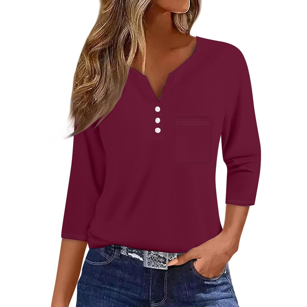 Ladies Casual Fashion V-neck Loose Versatile Color Printed Three-quarter Sleeves