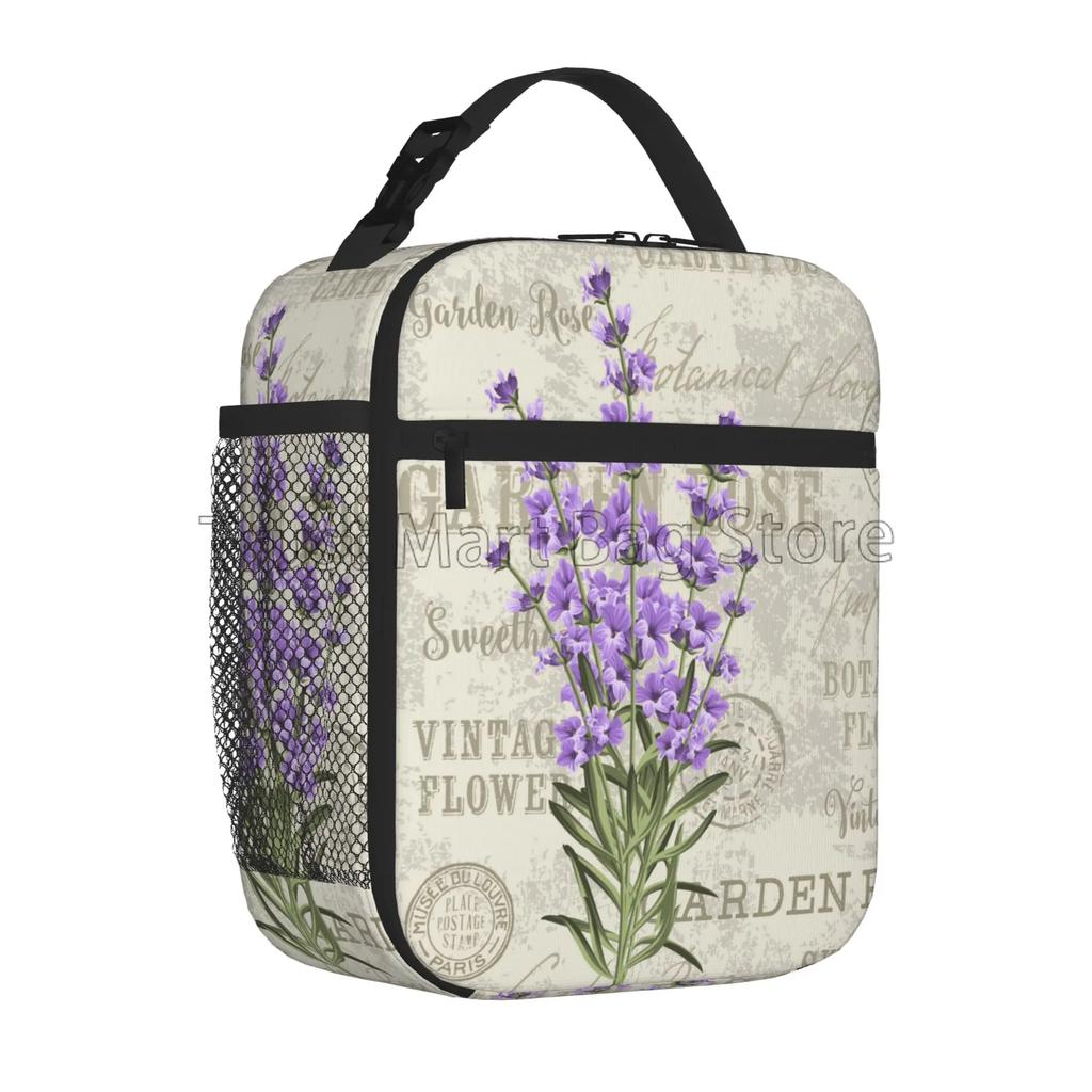 Vintage Lavender Flowers Insulated Lunch Box Reusable Portable Lunch Bag Durable Cooler Bento Tote for Women Work Travel Picnic