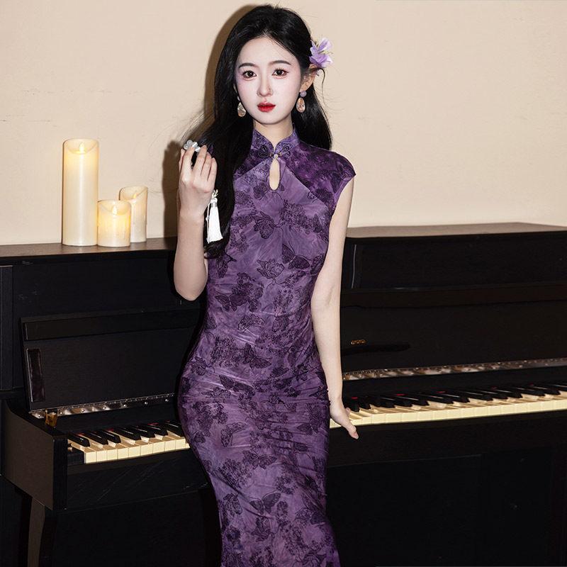 Purple fishtail national style new Chinese sleeveless long cheongsam improved young 1011 new women's high-end dress