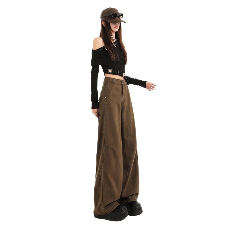 Brown coffee American retro wide-leg pants spring washed old jeans loose straight casual pants children