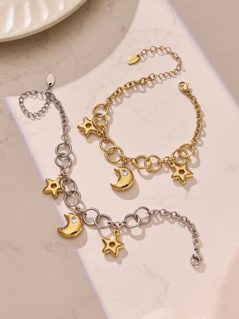 Exquisite Fairy Star & Moon Pendant Necklace Bracelet, Two-Color Electroplated Stainless Steel Clavicle Chain