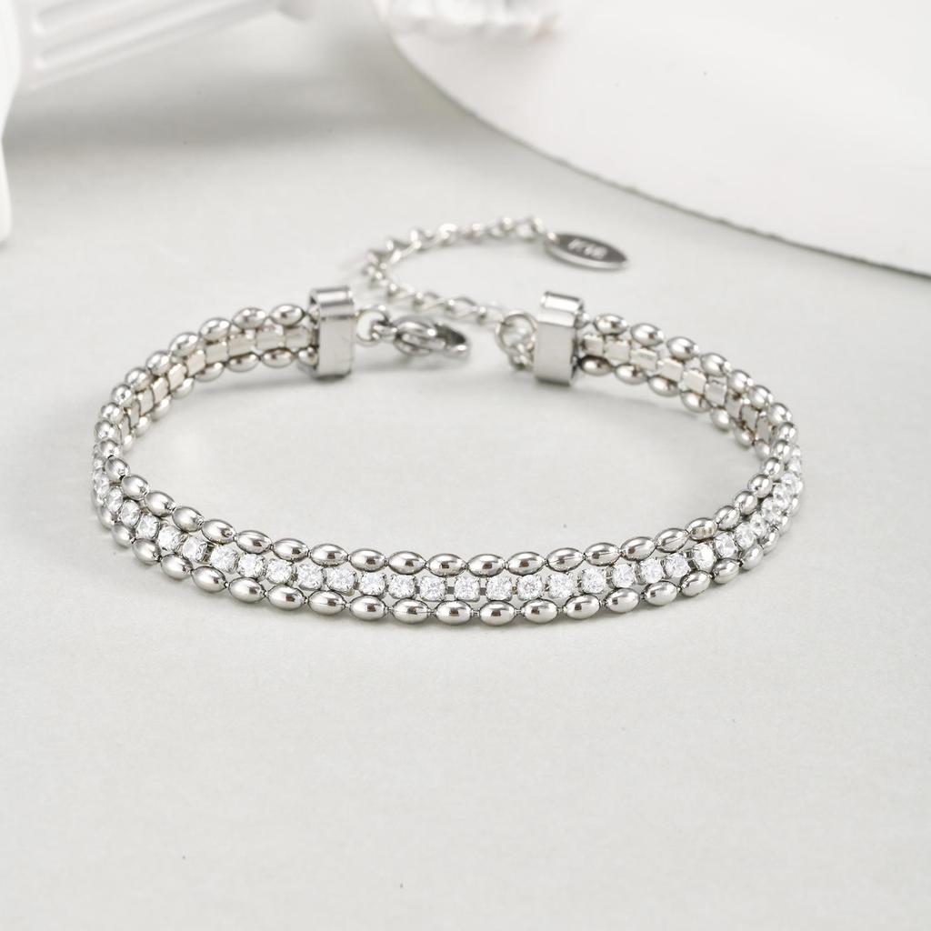Stainless Steel Double Row Olive Bead White Zircon Bracelet for Women,Gold Color Tennis Chain Bracelets,Classic Jewelry Gifts