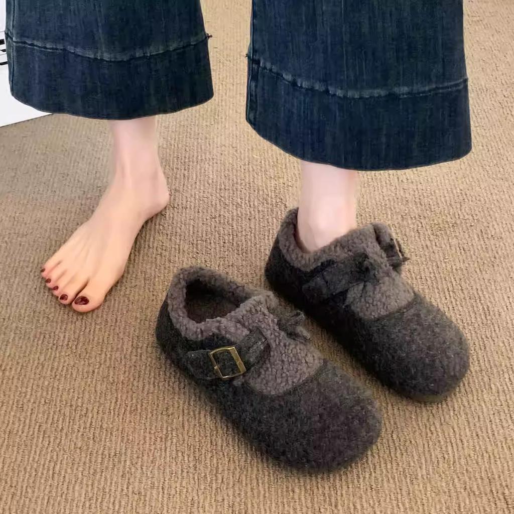 Vielseitige Retro-Innenhöhenerhöhung Flacher Boden Allumfassende Damen Neue Herbst Samt Weichsohle Thermische Baumwollschuhe