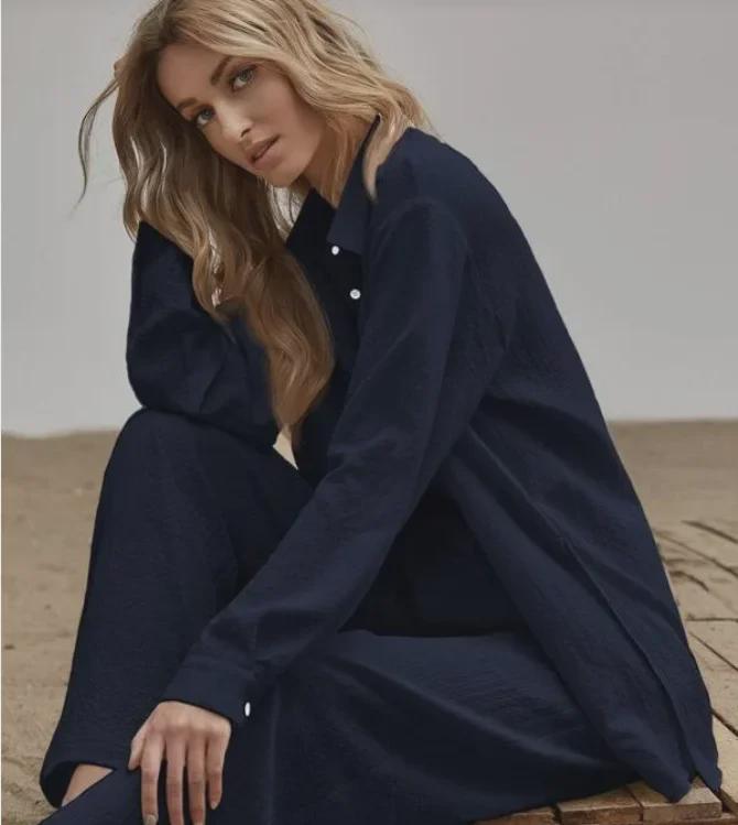 Dames Herfst 2022 Effen Kleur Casual Pak: Shirt met lange mouwen & Broek met elastische taille