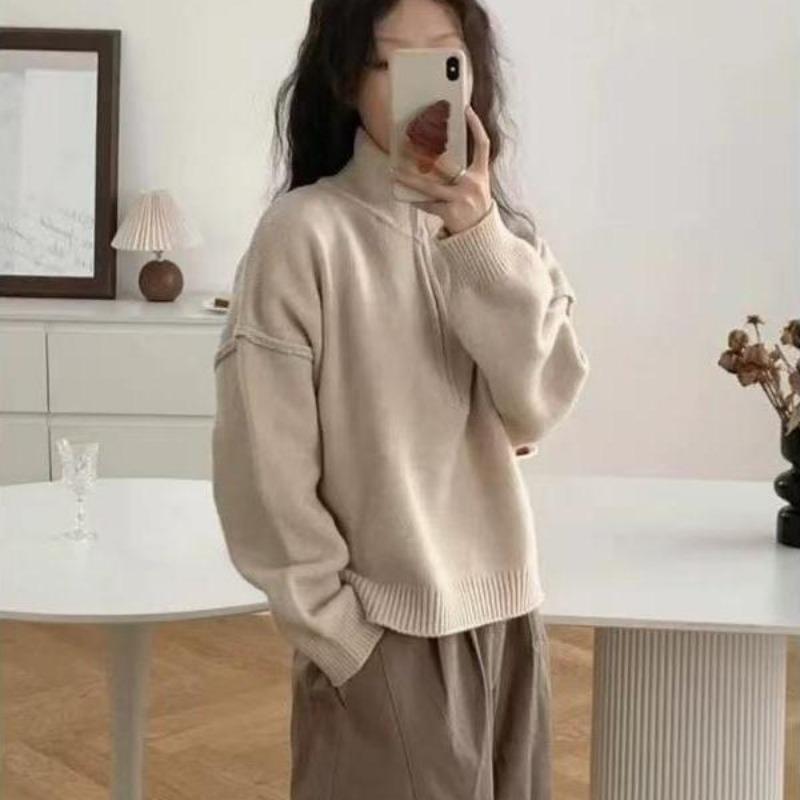 Autumn and Winter New Style Half Zipper Stand Collar Thick Design Knitted Sweater Lazy Style Sweater Jacket Top for Women