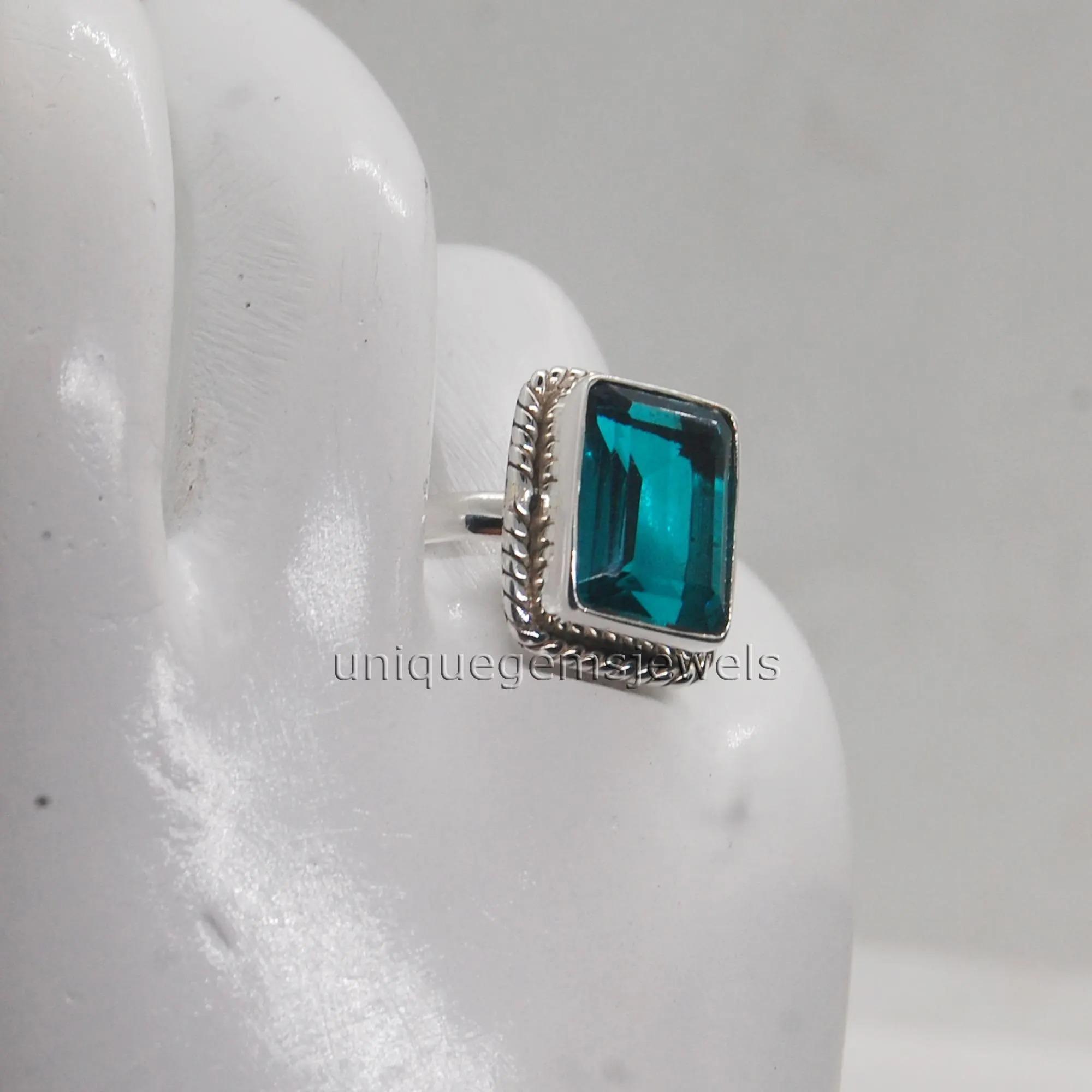 

Emerald Cut Neon Blue Apatite Quartz 925 Sterling Silver Ring, 18K Rose Gold, 18K Yellow Gold Ring, Neon Blue Gems Statement Dainty Ring 10 срібний