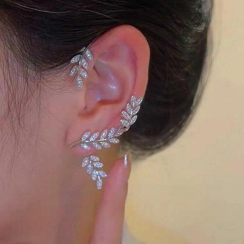 Stylish Fashionable Bohemian No Piercing Crystalline Rhinestone Leaf Ear Cuff Earrings Fake Piercing Clip For Women Earrings Jewelry BijouxTrendy Cuff