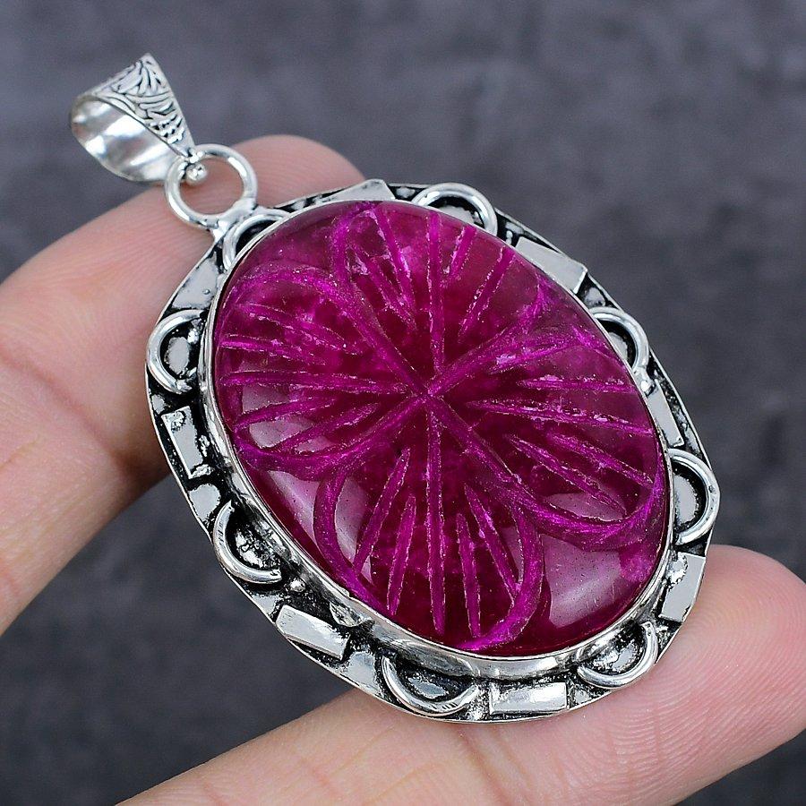 Kashmir Ruby(Simulated) Gemstone 925 Sterling Silver Jewelry Pendant 2.36