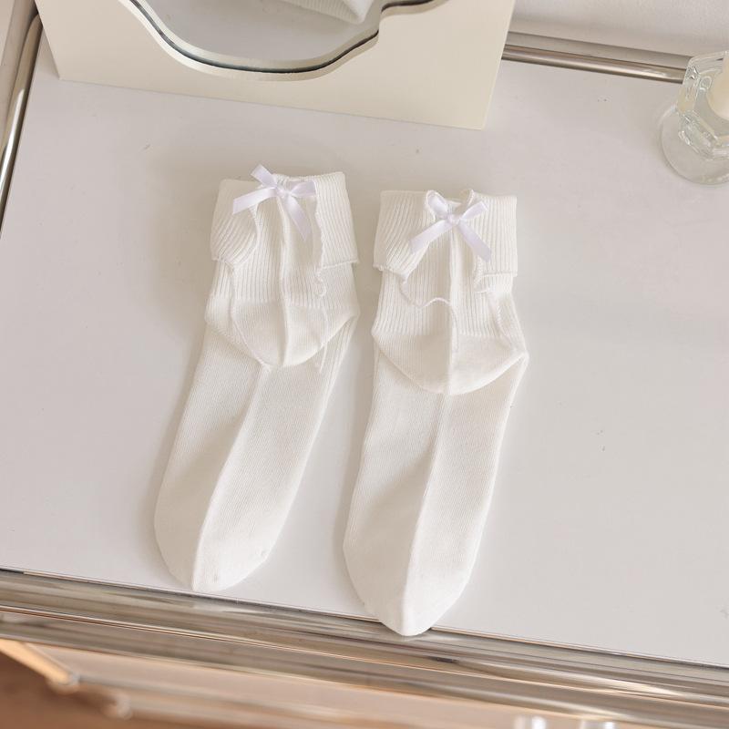 

5pair Flip Lace Socks Children Fold Fungus Edge Bow Medium Tube Stacking Socks Solid Color Double Needle Girl Socks One size fits all белый