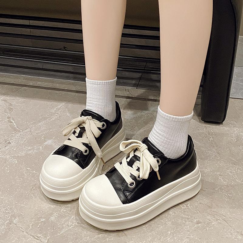 Fashion Women Platform Sneakers Black Leather Zipper Lace Up Casual Shoes Thick Bottom Sneakers Large Size Chaussure Femme 2025