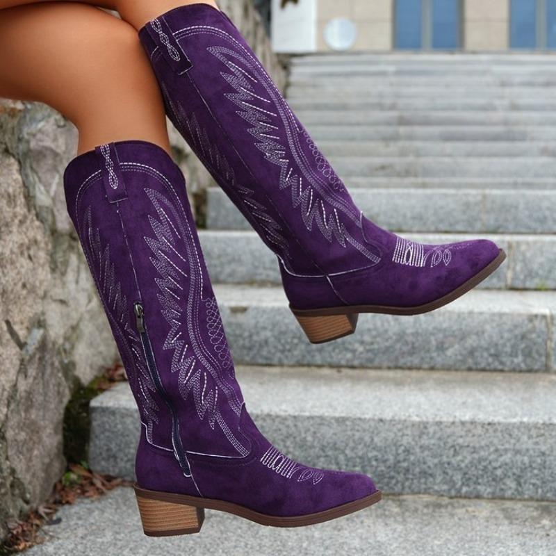 Large size western cowboy knight boots autumn and winter tall tube embroidered side zipper suede outer women's boots