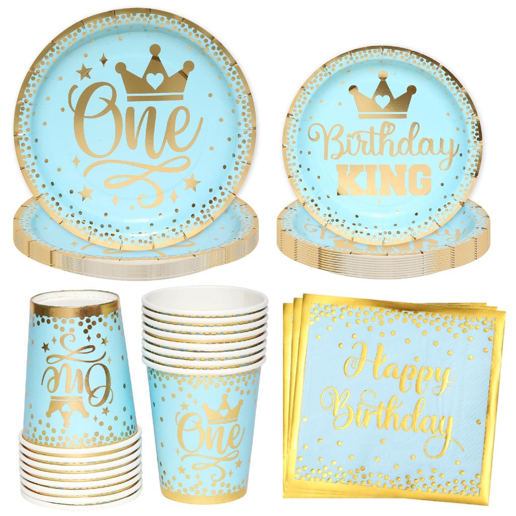 Blue Gold Boy One Year Birthday Disposable Tableware King Crown Plates Paper Cups 1st Baby Boy First Happy Birthday Party Decor
