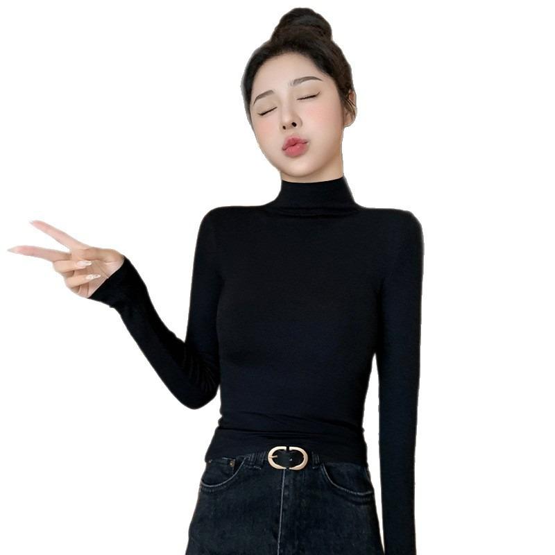 Black Semi-turtleneck Threaded Bottoming Shirt Women's New Slim-fitting and Thin Long-sleeved Shirt Women's Top