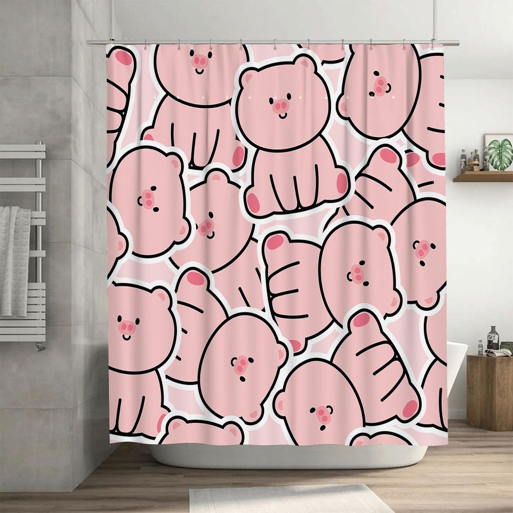 Adorable Pink Cartoon Bear Print Shower Curtain Decorative Home Bath Decoration 3D Waterproof Bathroom Accessories
