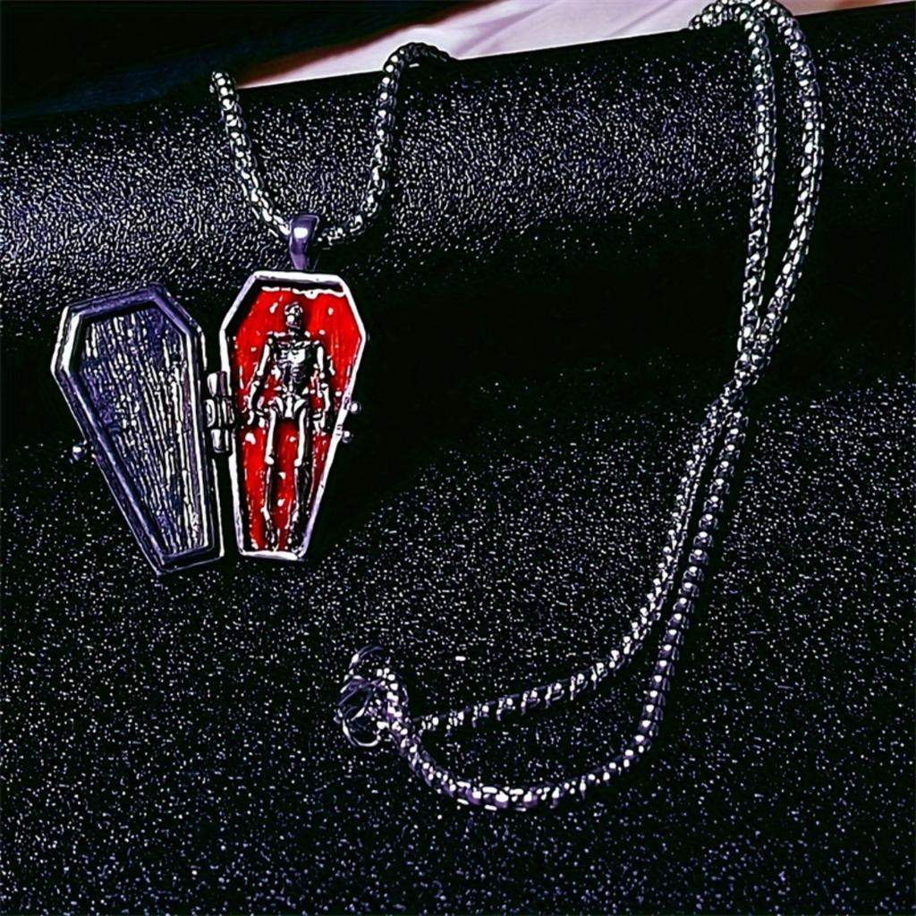 Vintage Halloween Openable Coffin Skeleton Skull Pendant Necklace Stainless Steel Chain Choker Gothic Punk Jewelry For Women Men