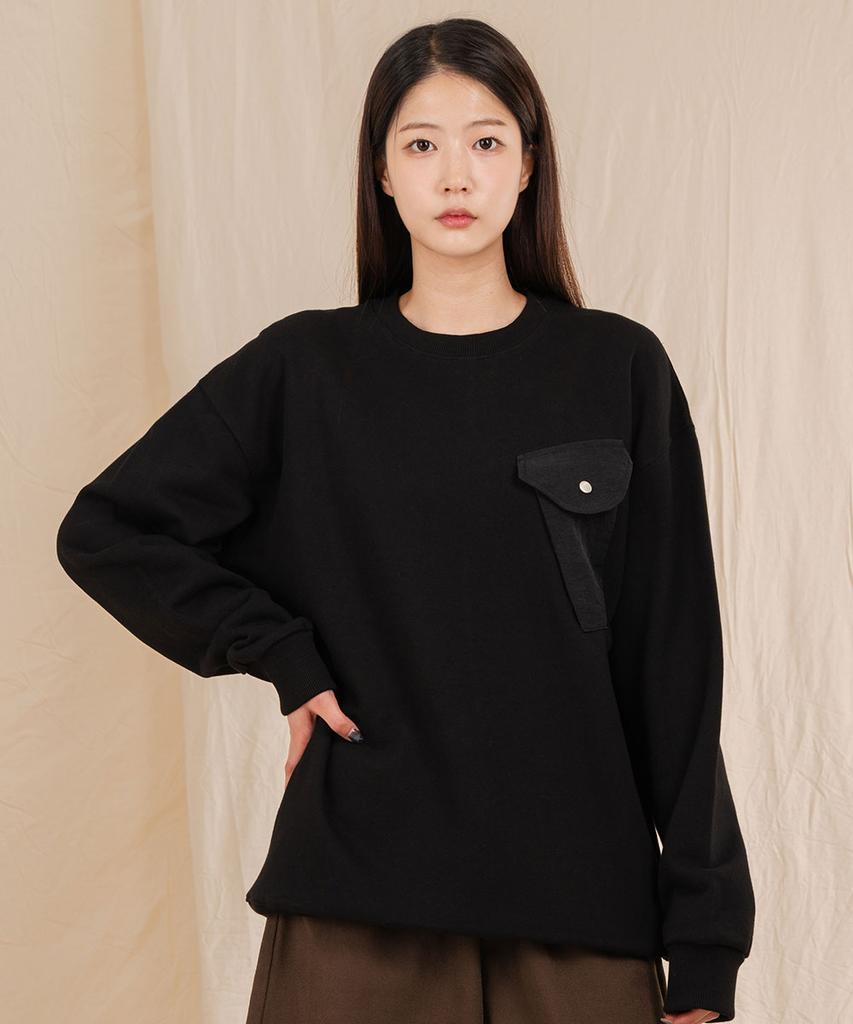 Ellamo Terry Basic Plain Triangle Pocket Oversized Sweatshirt [Black]