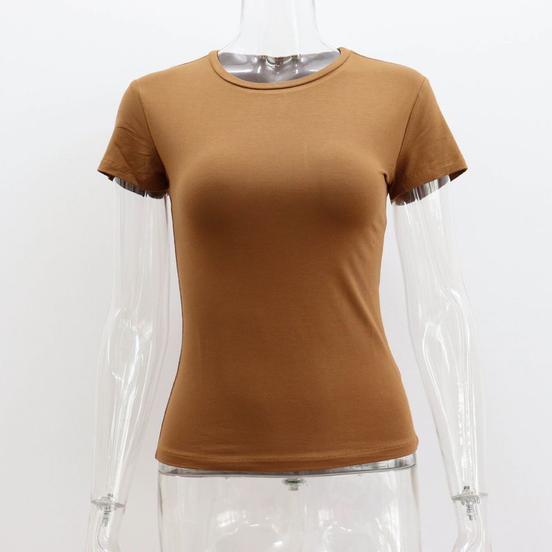 Summer Basic Round Neck Short-Sleeved T-Shirt for Women, Tight-Fitting, Sexy, European and American Style, Simple Pure Color, Versatile Top for Women