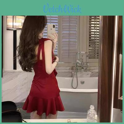 Sexy Red Spaghetti Strap Dress With Patching For Summer Fashion