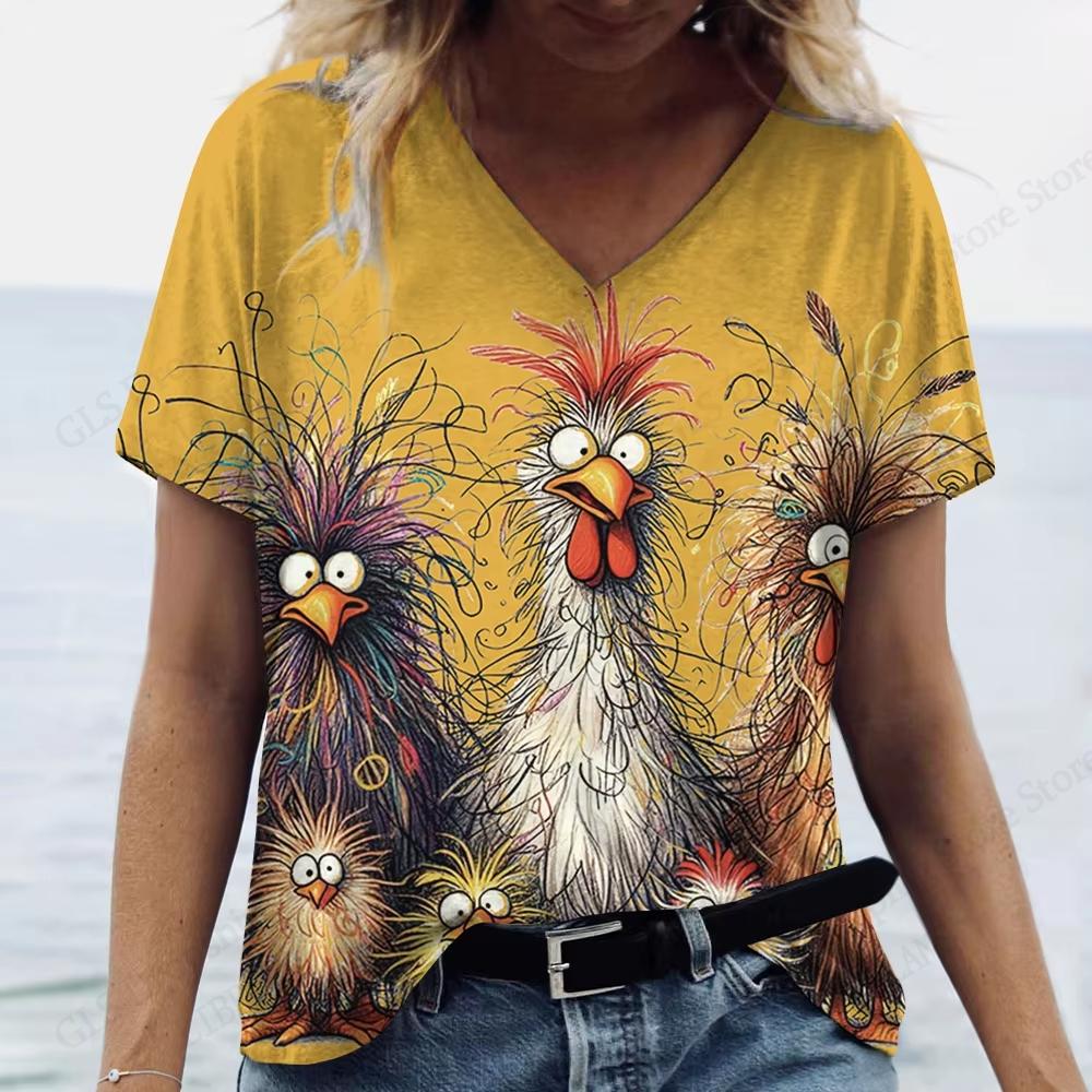 

Летняя Новая Женская Футболка Забавный Животный Цыпленок 3D Принт Модная V-образный вырез Короткий рукав Оверсайз Топ Футболка Одежда XL