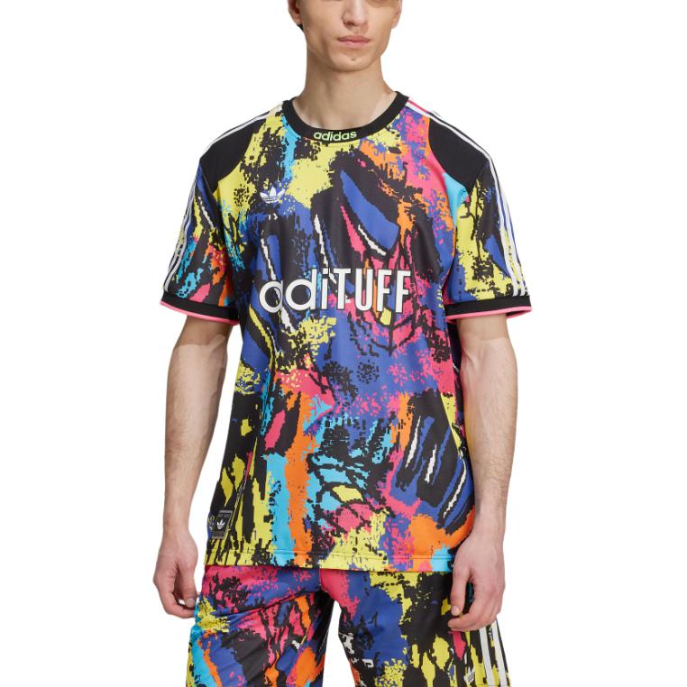 adidas Originals Archive SS25 AOP Jersey Comfortable Round Neck Sports Short Sleeve Football Shirt Men Tops Black Lemon-Yellow Pink KD4800