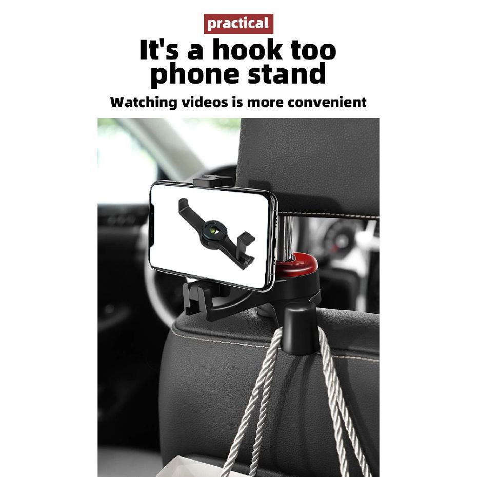 Car seat hook with phone holder, multifunctional and hidden 2-in-1 car seat hook with phone holder, universal rear headrest hook