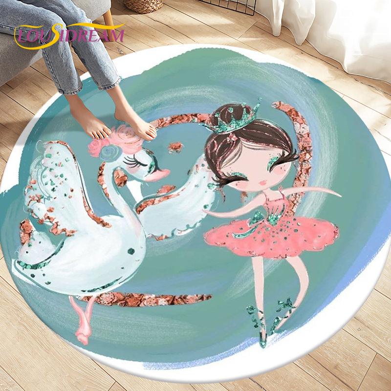 Cute Ballet Girl Ballerina Cartoon Round Area Rug,Carpet for Living Room Bedroom Sofa Playroom Decor,kid Play Non-slip Floor Mat
