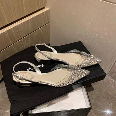 Sandali Trasparenti con Strass Nuovi Estivi 2024 Scarpe Piatte a Punta Chiusa Scarpe da Donna con Tacco Basso e Cinturino Posteriore Sandalias Mujer