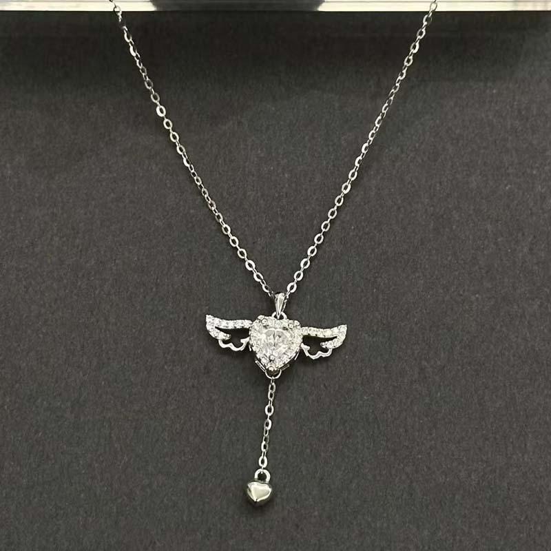 

Romantic Heart Pendant Necklace with Angel Wing Zircon Collarbone Chain Elegant Gift For Women Best Friend