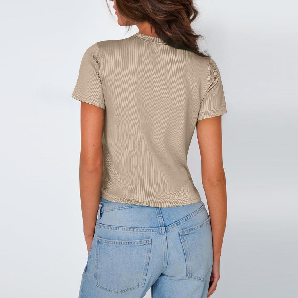 Dámská trička s krátkým rukávem a vroubkovaným výstřihem jaro ležérní volné základní trička