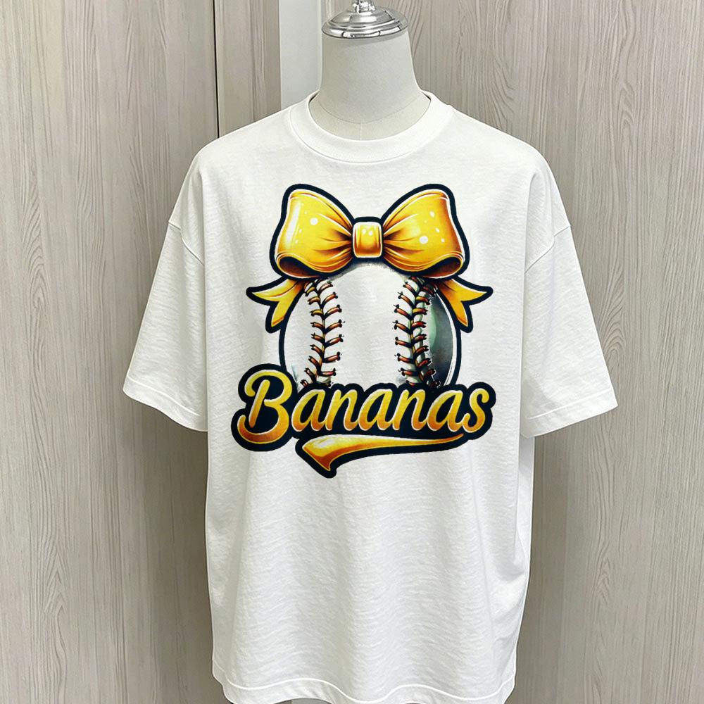 Bananas Baseball Yellow Bow Print Oversized Cotton Tee Retro Sports Loose Short Sleeve Tops Cute Game Day