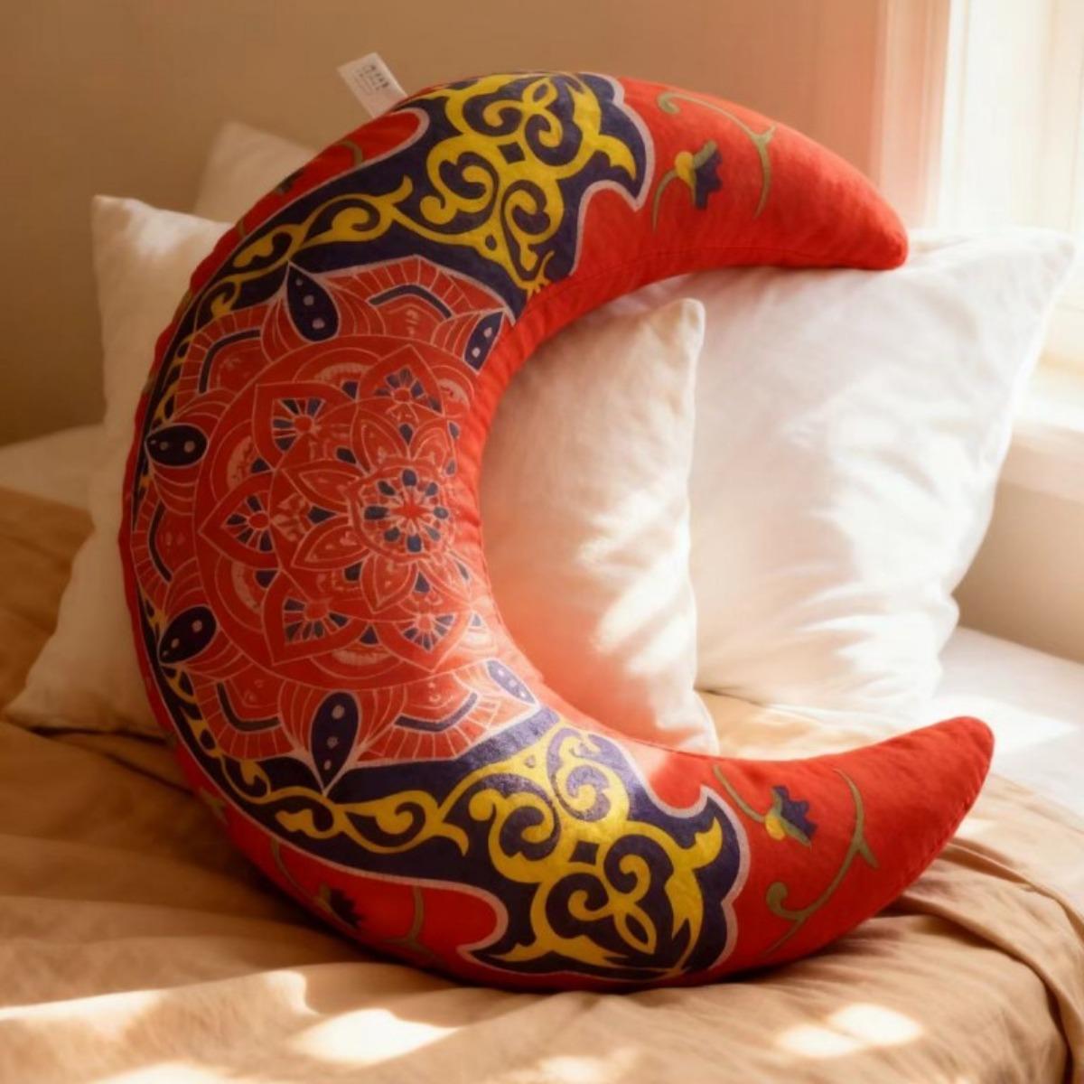 

Bohemian Mandala Crescent Moon Throw Pillow, Soft Plush Decorative Cushion for Bed, Sofa, and Living Room, Ethnic Red and Yellow Pattern 40x36cm