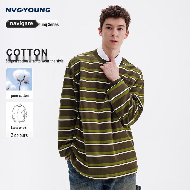 NVG·YOUNG Men's Casual Striped Cotton Long-Sleeve T-Shirt