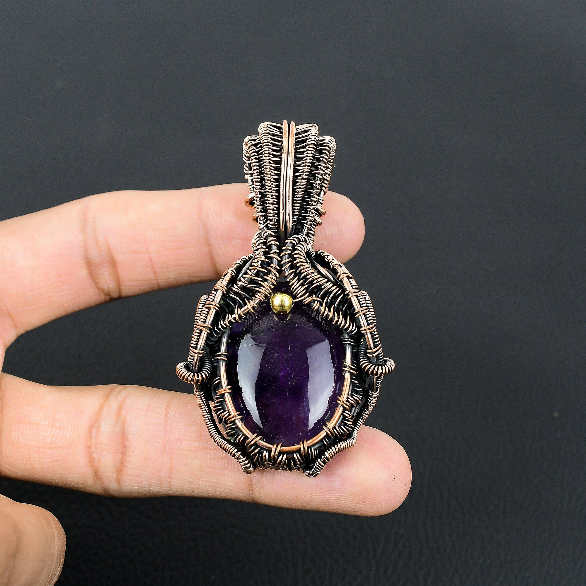 

Аметист драгоценный камень ручной работы из чистой медной проволоки обернутый кулон ювелирные изделия на День благодарения 2.83 Inches фиолетовый